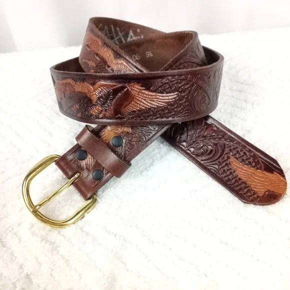 Source Unknown Brown Tooled Leather Belt with Silver Floral Buckle Belt with floral and arrowhead basket stamp main image 2